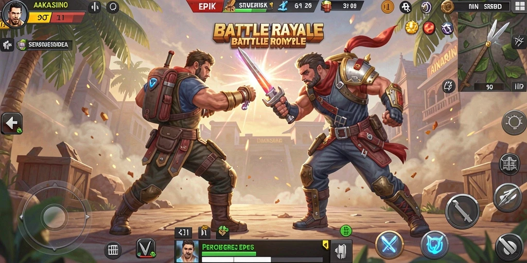 Screenshot AAKASINO menampilkan aksi pertempuran intens dalam mode Battle Royale.
