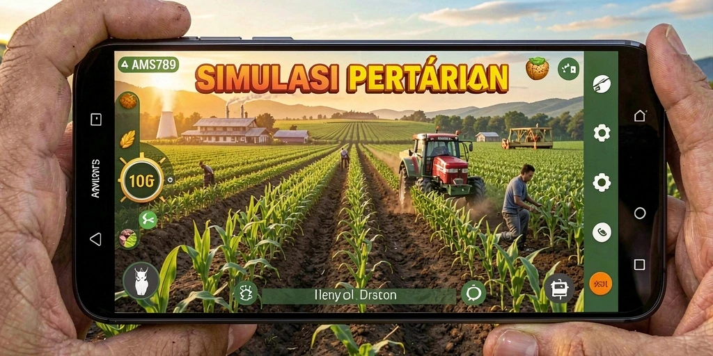 Tampilan gameplay yang menakjubkan dari AMS789, menampilkan pertanian yang subur dan aktif.