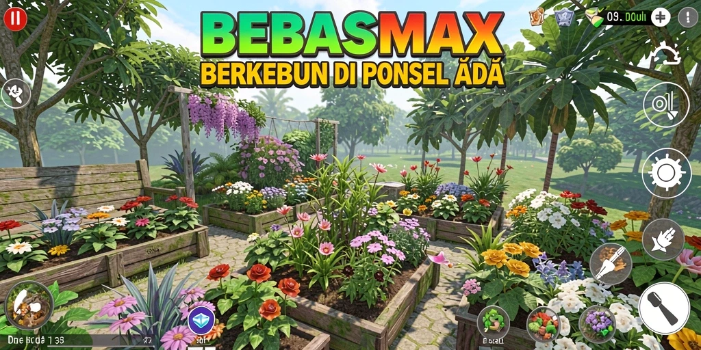 Screenshot utama BEBASMAX menampilkan ladang luas dengan tanaman hijau subur.