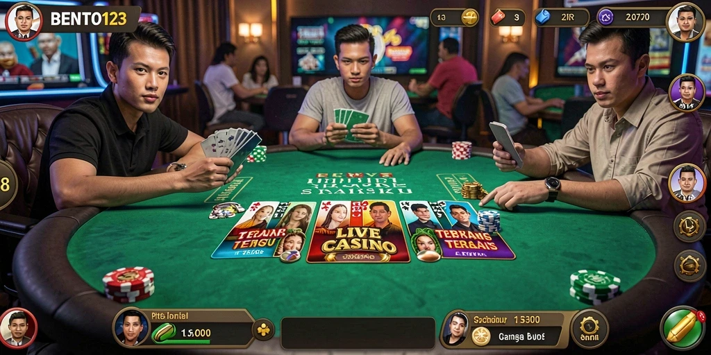 Tampilan gameplay utama BENTO123 yang menampilkan dealer dan interaksi permainan Live Casino.