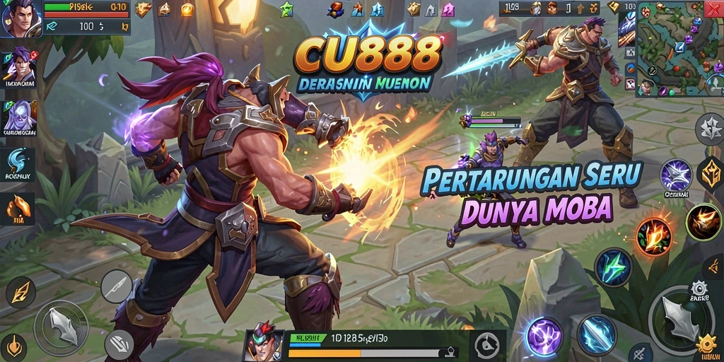Screenshot CU888 menunjukkan aksi pertempuran seru dalam permainan MOBA.