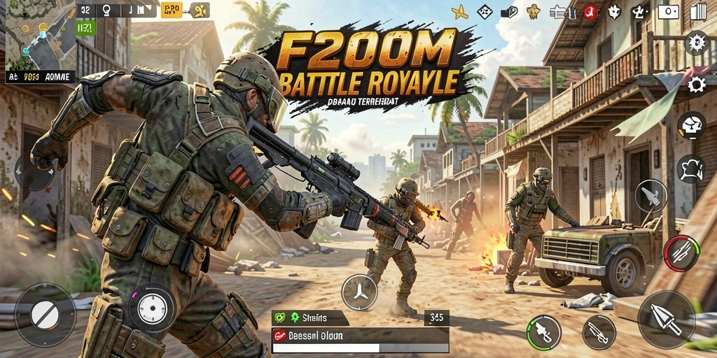 Screenshot F200M menampilkan aksi intens dalam gameplay Battle Royale.