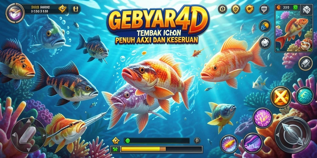 Tampilan gameplay GEBYAR4D dengan efek menembak ikan yang memukau.