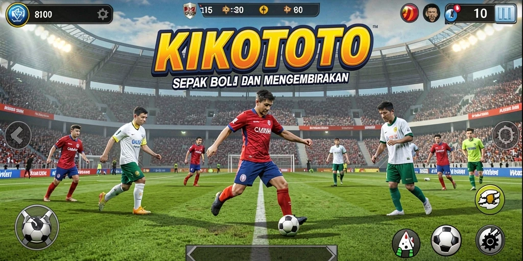 Screenshot gameplay KIKOTOTO menampilkan aksi seru di lapangan sepak bola.