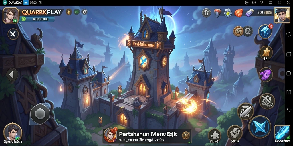 Screenshot gameplay QUARKPLAY menampilkan menara dan musuh yang menegangkan.