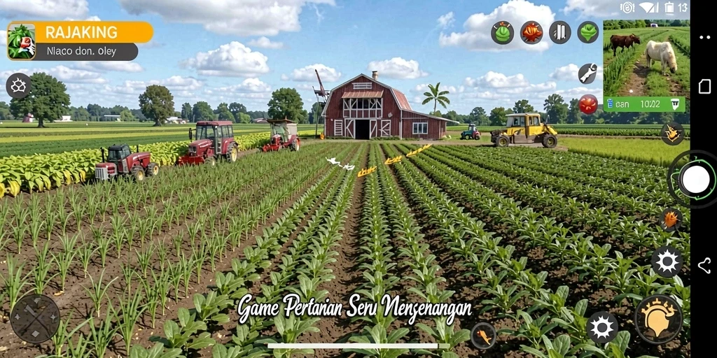 Tampilan gameplay RAJAKING yang menampilkan kebun dan hewan ternak.