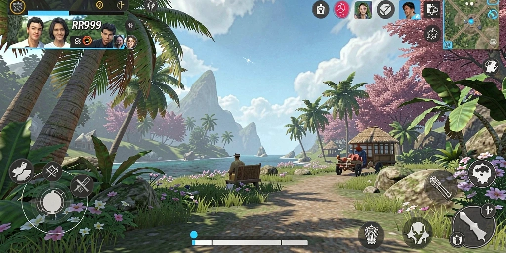 Screenshot gameplay RR999 menampilkan pergerakan karakter yang ceria dalam lingkungan berwarna-warni.