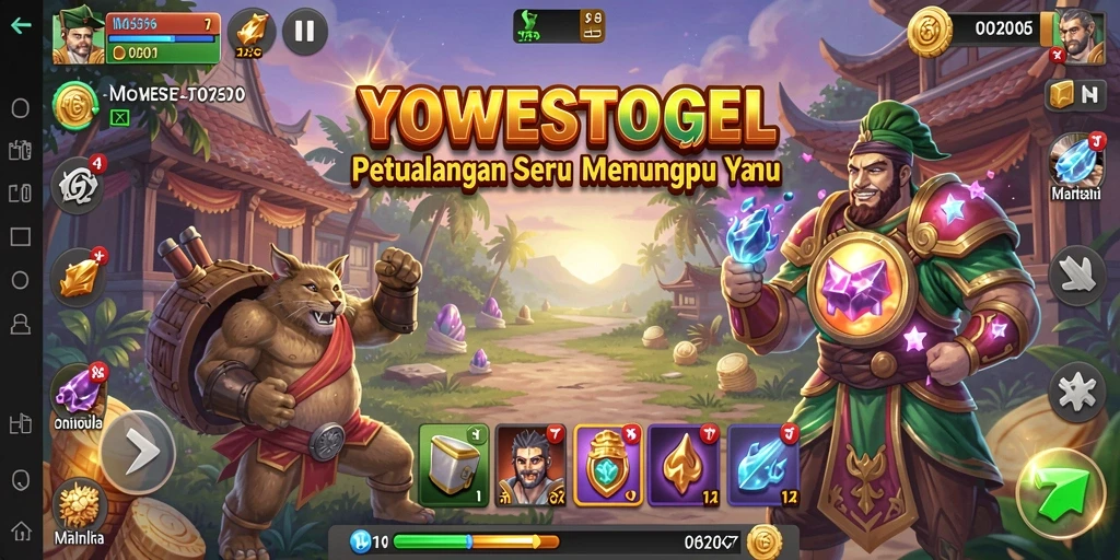 Tampilan gameplay seru dalam YOWESTOGEL menampilkan aksi petualangan.