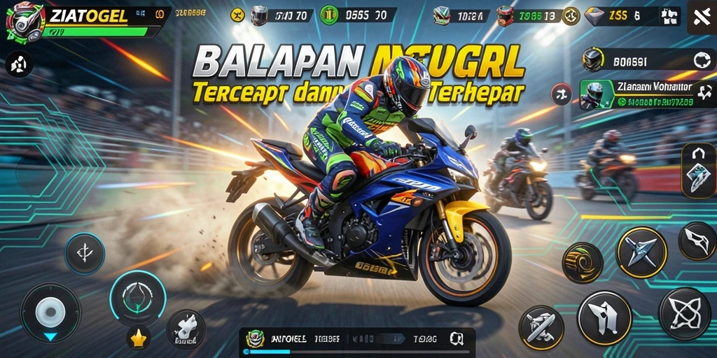 Screenshot gameplay ZIATOGEL menunjukkan balapan motor yang mendebarkan.
